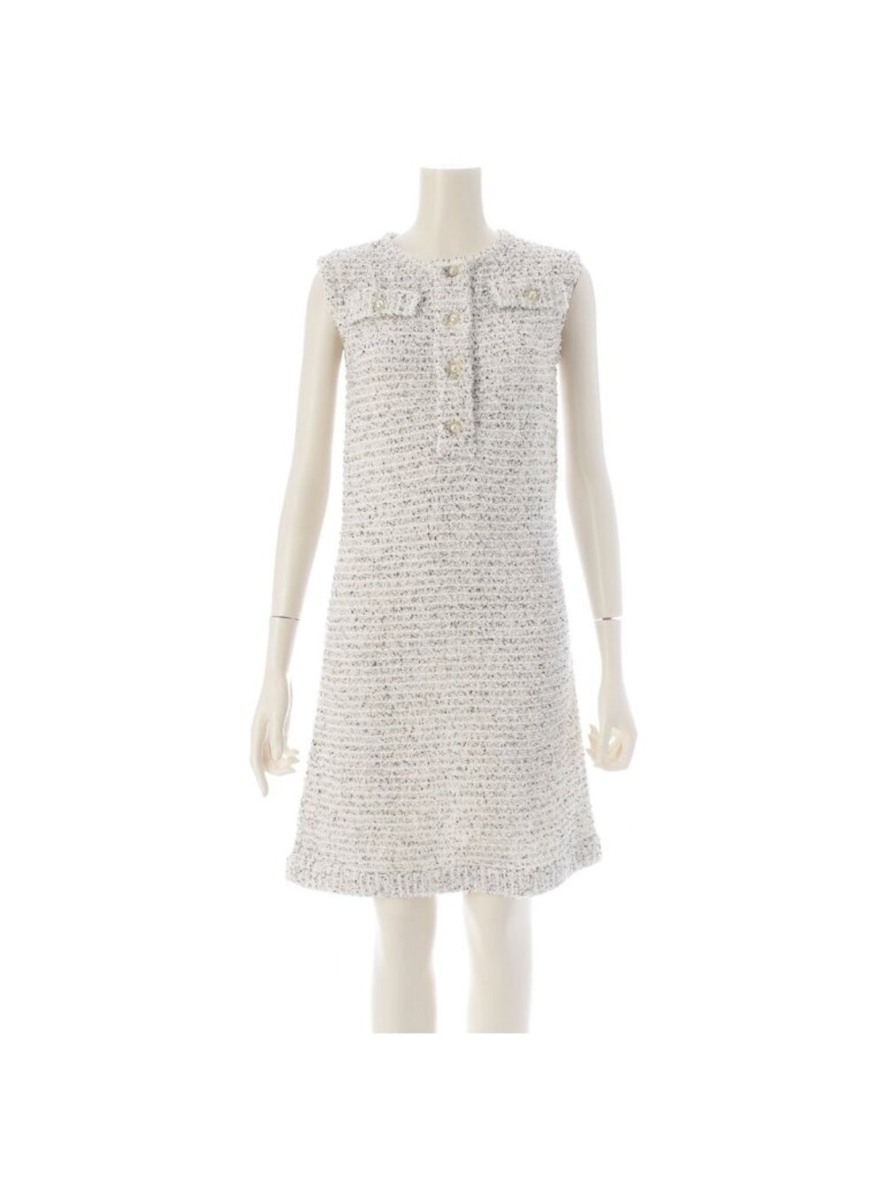 Chanel Tweed CC Logo Pearl Clear Button Sleeveless Fitted Dress White 36